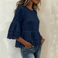 thumbnail image 4 of Lenpel Womens Cotton Linen Tops Fall 3/4 Length Sleeve Crew Neck Peplum Blouses Casual Fashion Hollow out Shirts, 4 of 7