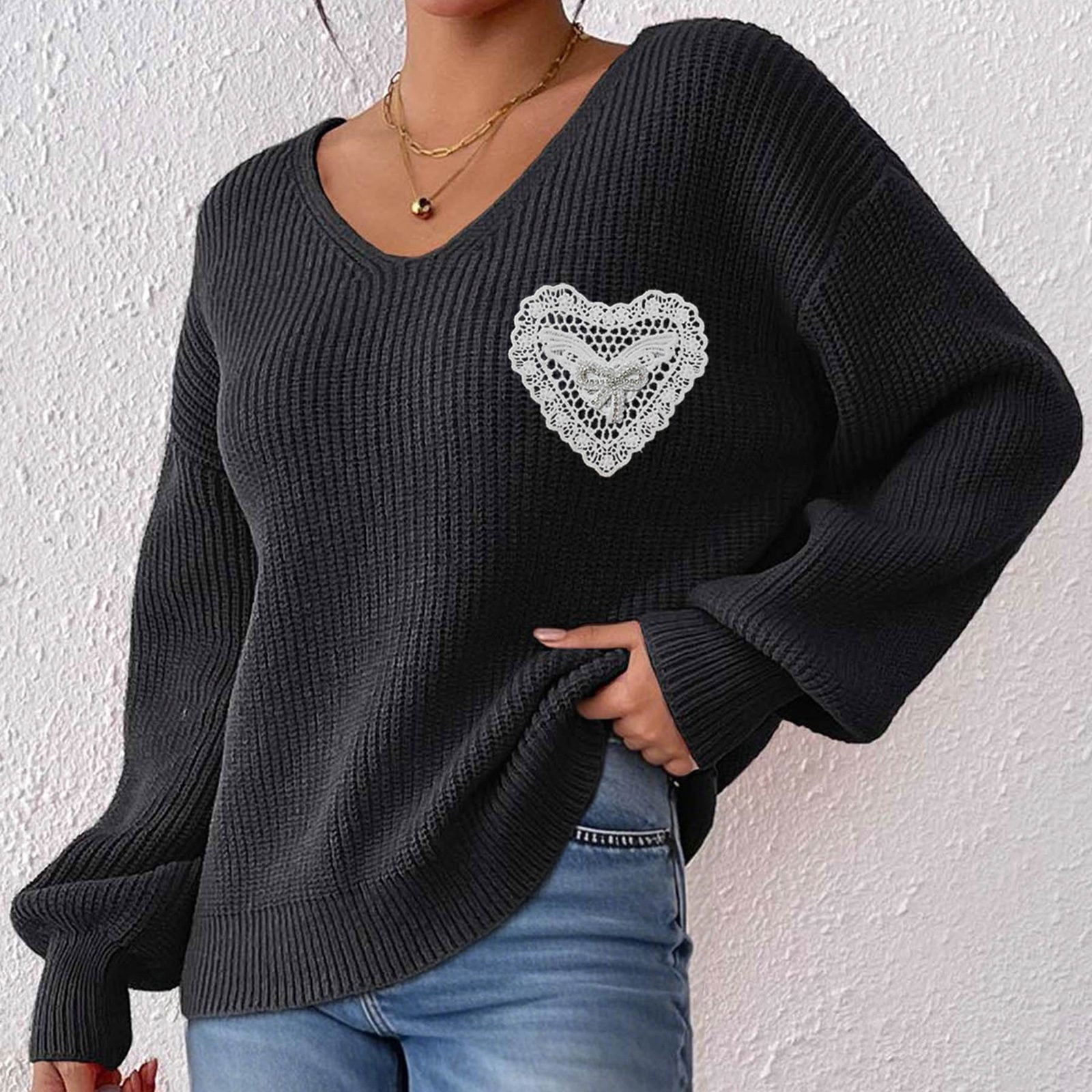 TFEOQRY Women's Lace Heart Patch Sweater V Neck Lantern Sleeve
