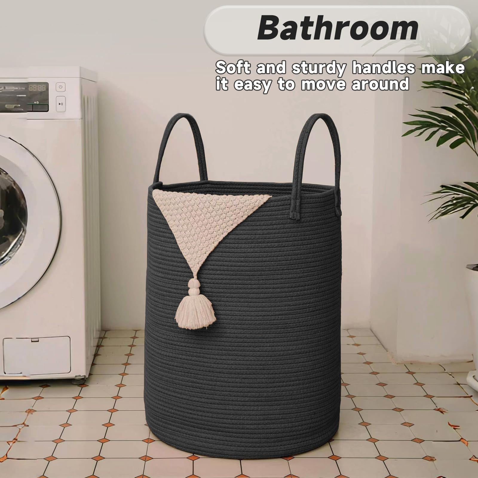 Large Woven Laundry Basket Hamper,60L Cotton Rope Storage Bin for Blankets,Toys and Clothes,Decorative Tall Nursery Hamper for Living Room,Baby Nursery,Bathroom and Bedroom