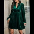 thumbnail image 4 of Vestido Elegante Retro Corto Holgado con Escote en V y Larga de Terciopelo de Color Liso para Mujer, Ropa de Moda para Otoño e Invierno. Verde Oscuro L, 4 of 9