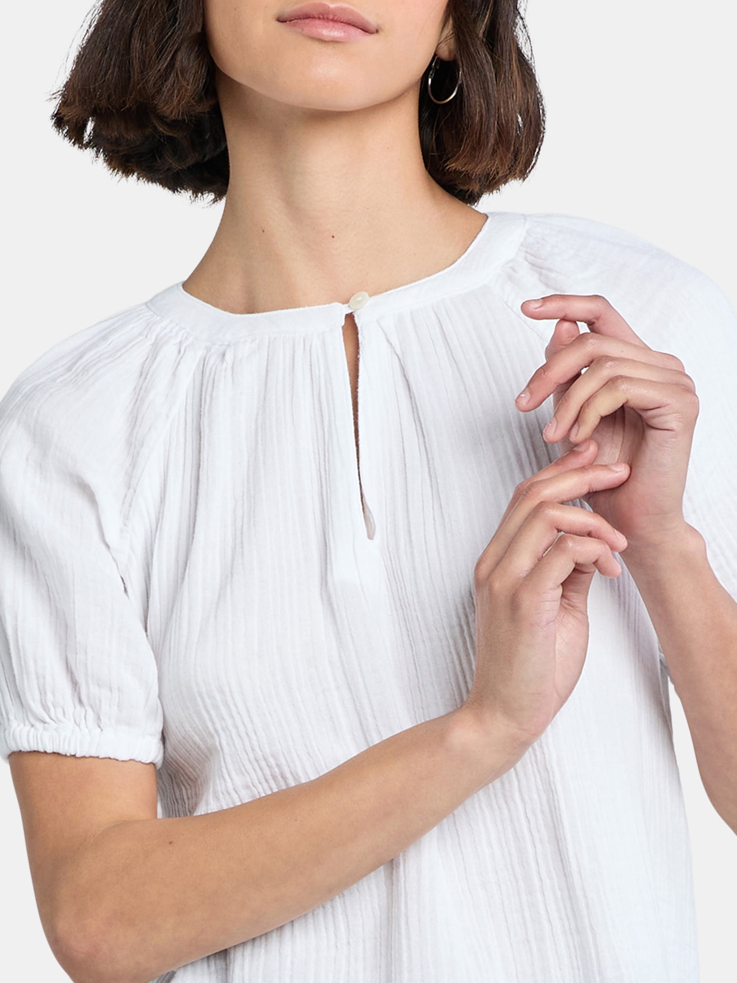Time and Tru Women's Double Cloth Cotton Top with Short Sleeves, Sizes XS-XXXL