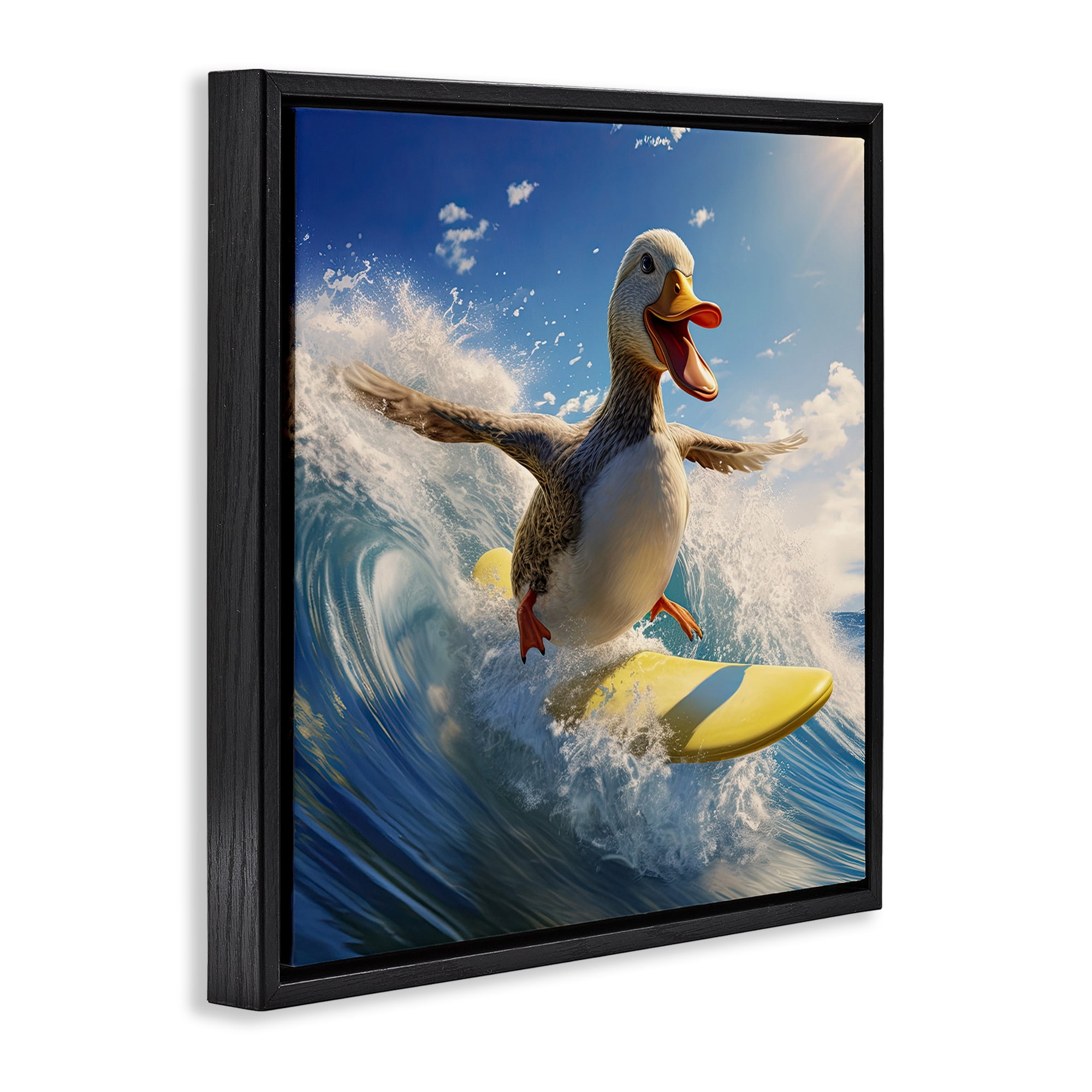Stupell Industries Happy Surfing Duck Coastal Painting Black Floater Framed Canvas Art Print Wall Art, 18 x 18