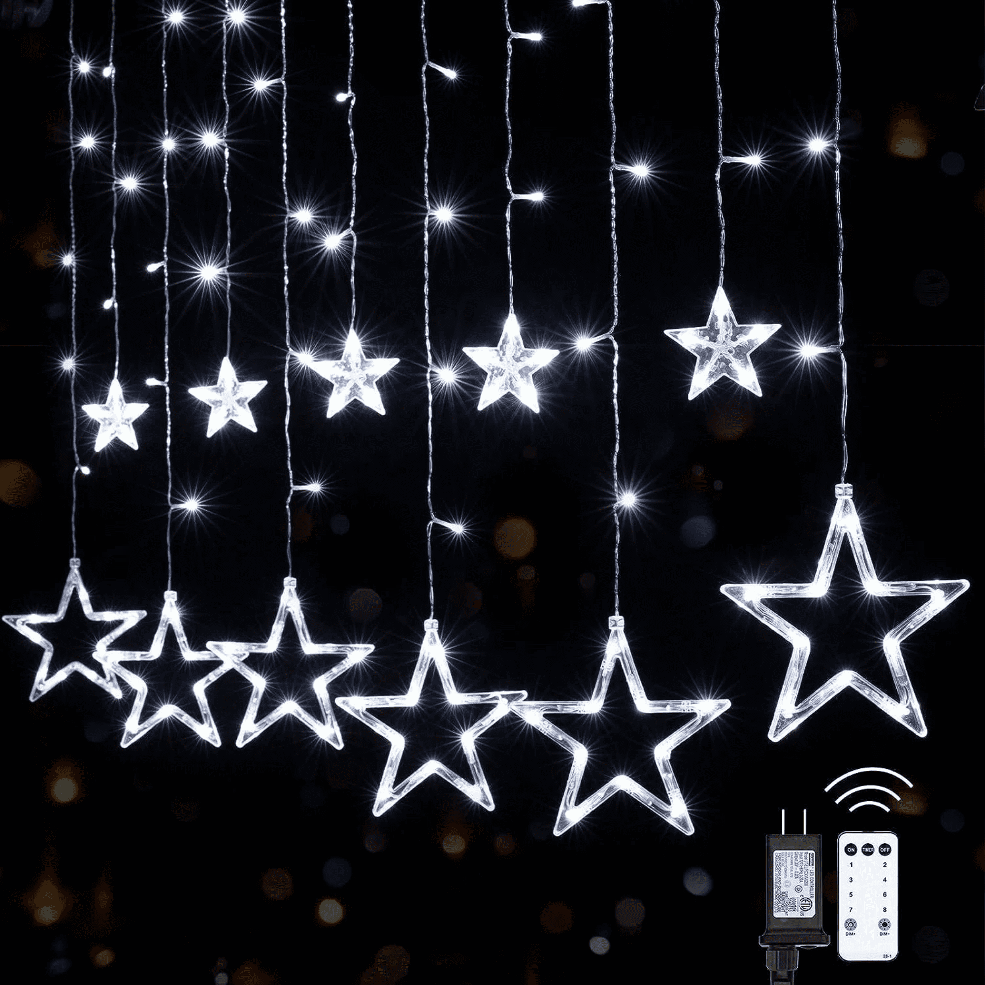 Elegani 138 LED Star Curtain Light – White Hanging String Lights with 12 Stars, 8 Lighting Modes