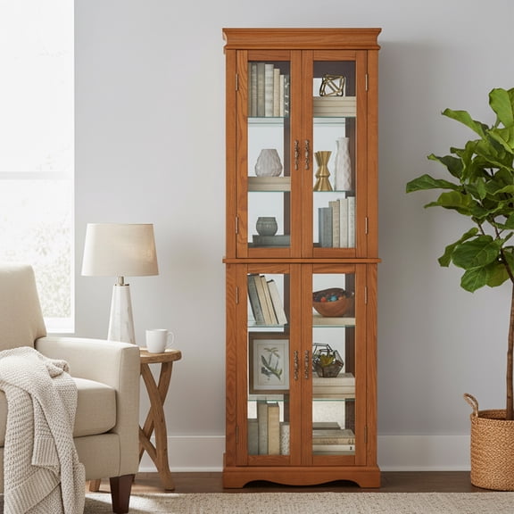 70"H Lighted Glass Curio Cabinet, Display Cabinet with 4 Adjustable Shelves, China Cabinet for Living Room, Kitchen & Pantry, Oak