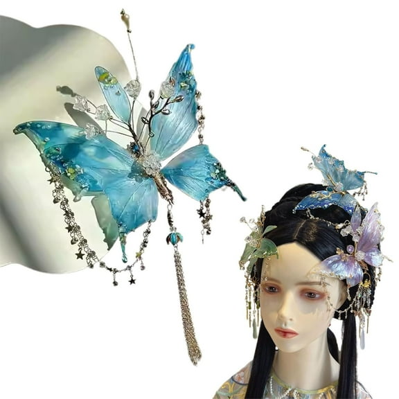 PPgejGEK Blue Ancient Style Butterfly Fairy Hair Clip with Tassel - Fairycore Hanfu Hair Accessory for Qixi Festival & Cosplay Events