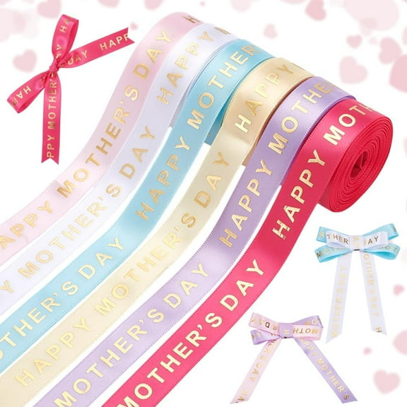 6 Rolls Happy Mother's Day Ribbon Mom Ribbon 5/8" Polyester Grosgrain Craft Ribbon Decorative Ribbon with Gold Stamping Words for DIY Gift Wrapping Flower Bouquet Party Decoration 30 Yards