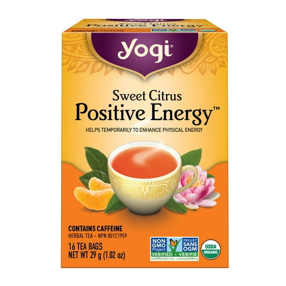 Yogi Sweet Citrus Positive Energy, contient des sachets de thé noir à la caféine, 16 pièces Thé positif aux agrumes sucrés