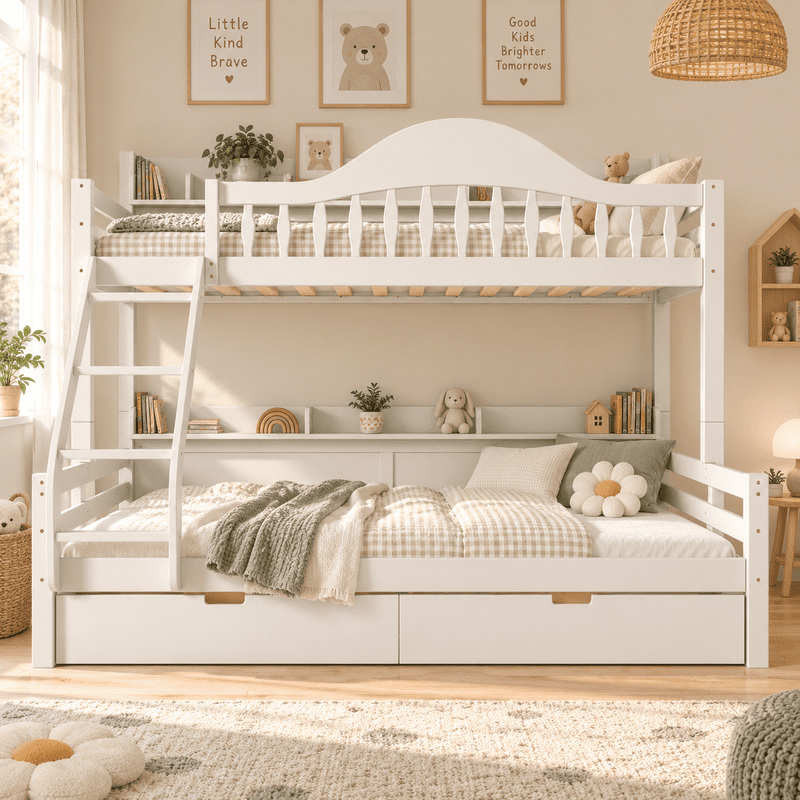Twin XL Over Queen Bunk Bed with Storage Drawers, Solid Wood Bunk Bed Frame with Curved Guardrails, Side Storage Shelves and Ladder, No Box Spring Needed