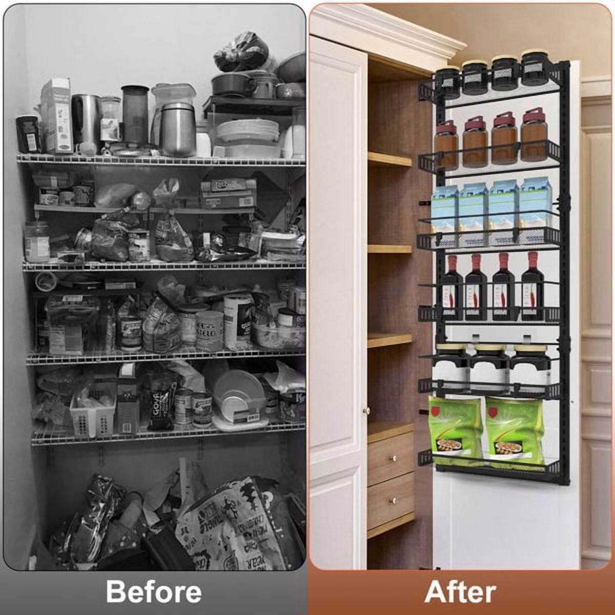 6-Tier Over the Door Pantry Organizer, Large Metal Door Spice Rack, Hanging Heavy-Duty Pantry Door Storage Shelf 10LBS Loading Easy Install Behind Door Storagefor Kitchen and Bathroom, Black
