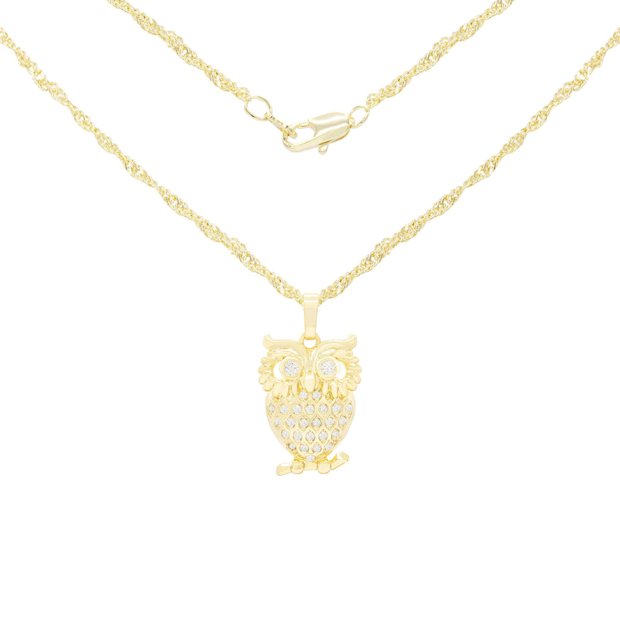 14K Yellow Gold Owl Charm Pendant with 0.8mm Box Chain Necklace
