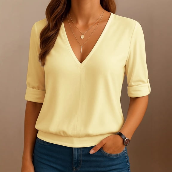 V Neck 3/4 Sleeve Top For Women, Solid Color Loose Fit Summer Tee Shirt, Casual Vacation Style Cruise Wear, Comfy Womens Summer Tops Yellow XL