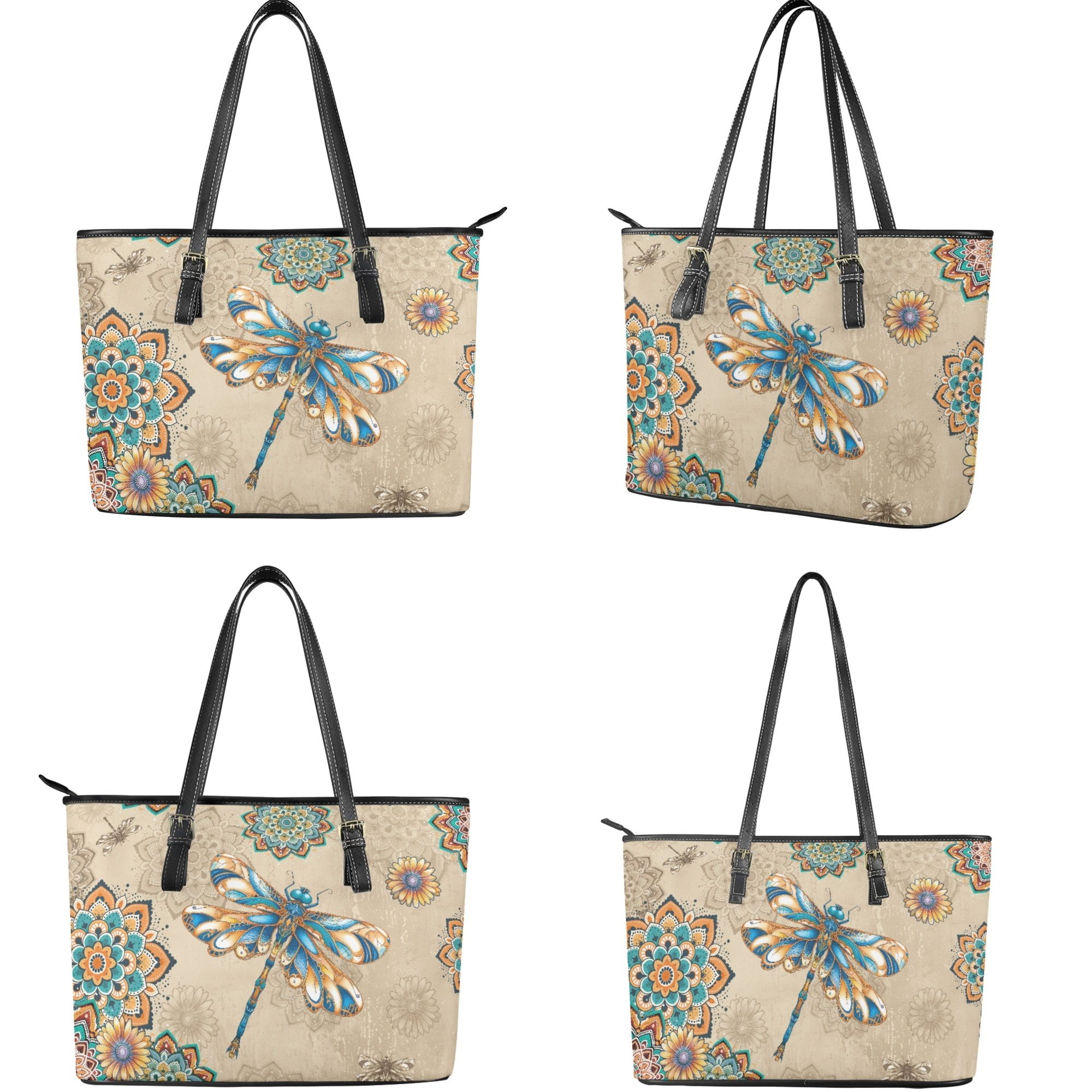 Kuiaobaty Dragonfly Print Satchel Purse for Women, Mandala Flowers Print Tote Handbag Purse with Zipper Closure, Roomy Leather Shoulder Bag for Travel, Beige