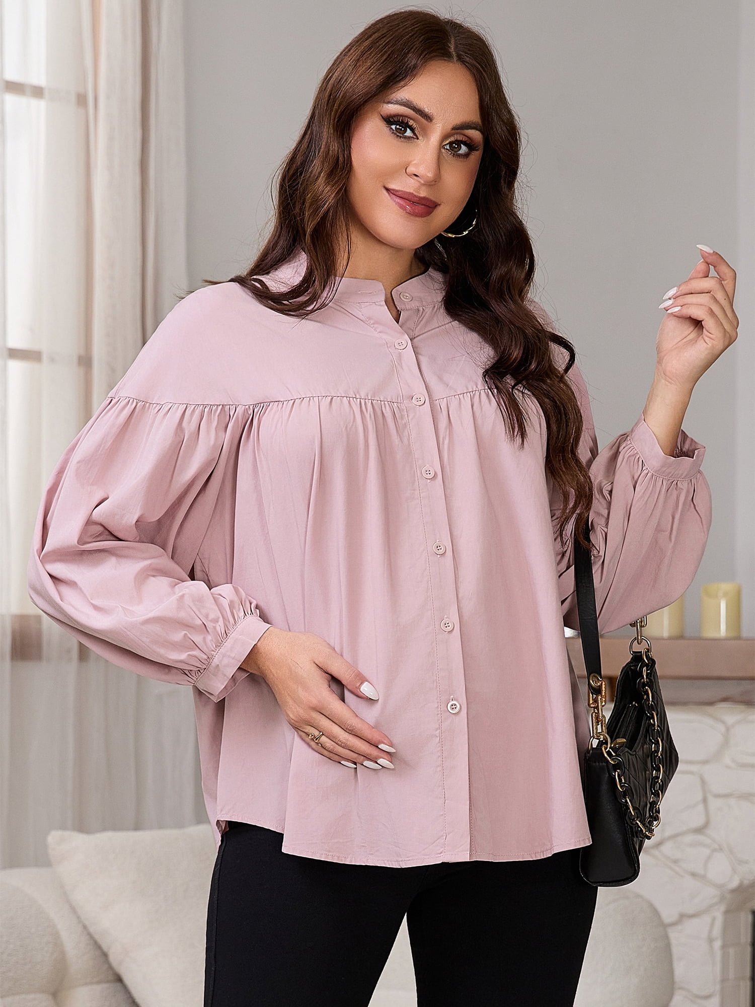 DARING DIVA Women's Maternity Nursing Button Down Business Pleated Tops 2XL Pink