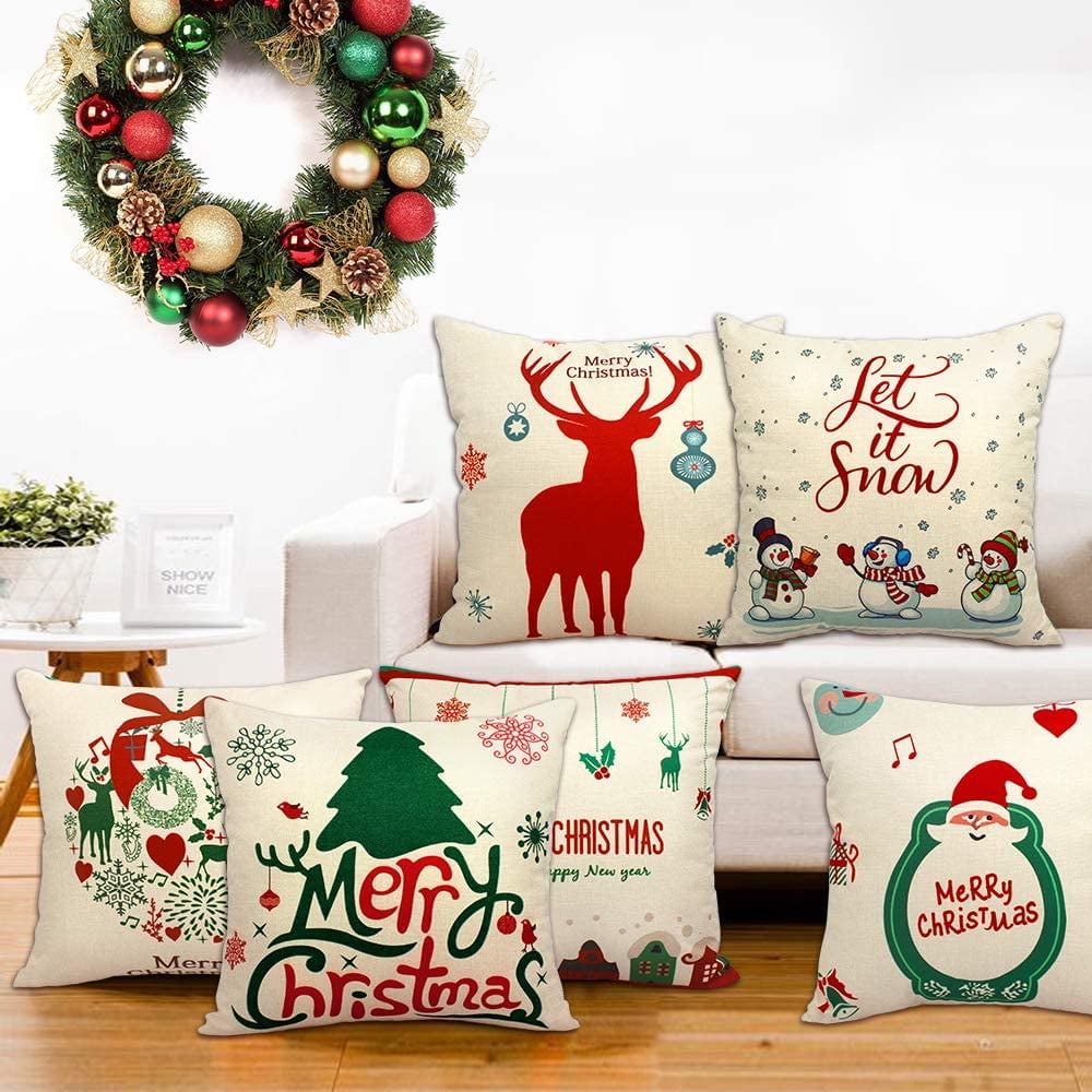Geecy 6 Packs Christmas Pillows Covers 18 X 18 Christmas Decorations Pillows Covers Christmas Decorative Throw Pillow Case Sofa Indoor Outdoor Home De