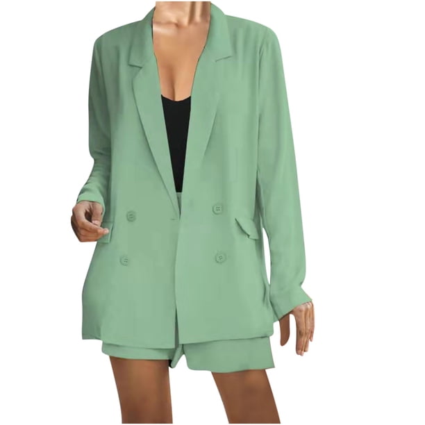 Traje de negocios para mujer Trajes de 2 piezas Abrigos con cuello vuelto de manga larga Tops Conjuntos de pantalones cortos sólidos Pompotops qwe22308