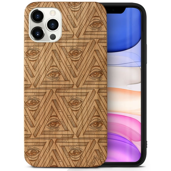 Case Yard Wooden Case Outside Soft TPU Silicone Slim Fit Shockproof Wood Phone Cover for Girls Boys Men and Women Supports Wireless Charging All Seeing Eyes Design case for iPhone-12-Pro-Max
