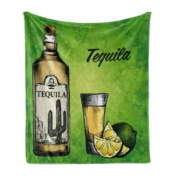 Tequila Soft Flannel Fleece Throw Blanket, Vintage Engraved Style Drawing of Bottle Glass and Lime, Cozy Plush for Indoor and Outdoor Use, 60" x 80", Lime Green Pale Camel, by Ambesonne