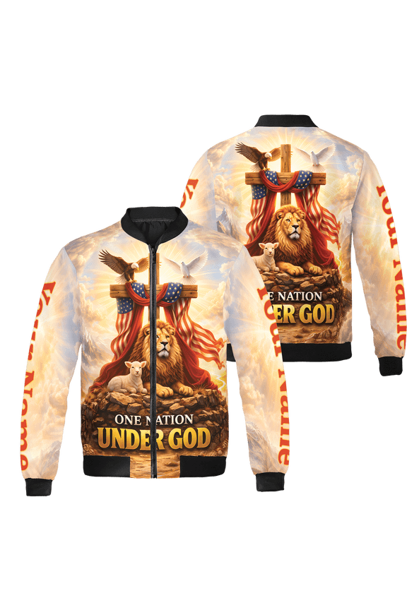 Personalized God Lion and Lamb America Flag Bomber Jacket, Multicolor, Christian Faith Patriotic Custom Jacket