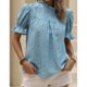 thumbnail image 5 of Top de manga abombada para mujer, camisa con cuello levantado y ribete de volantes, Top con estampado Floral en la espalda con abertura, camisa informal de verano, 5 of 8