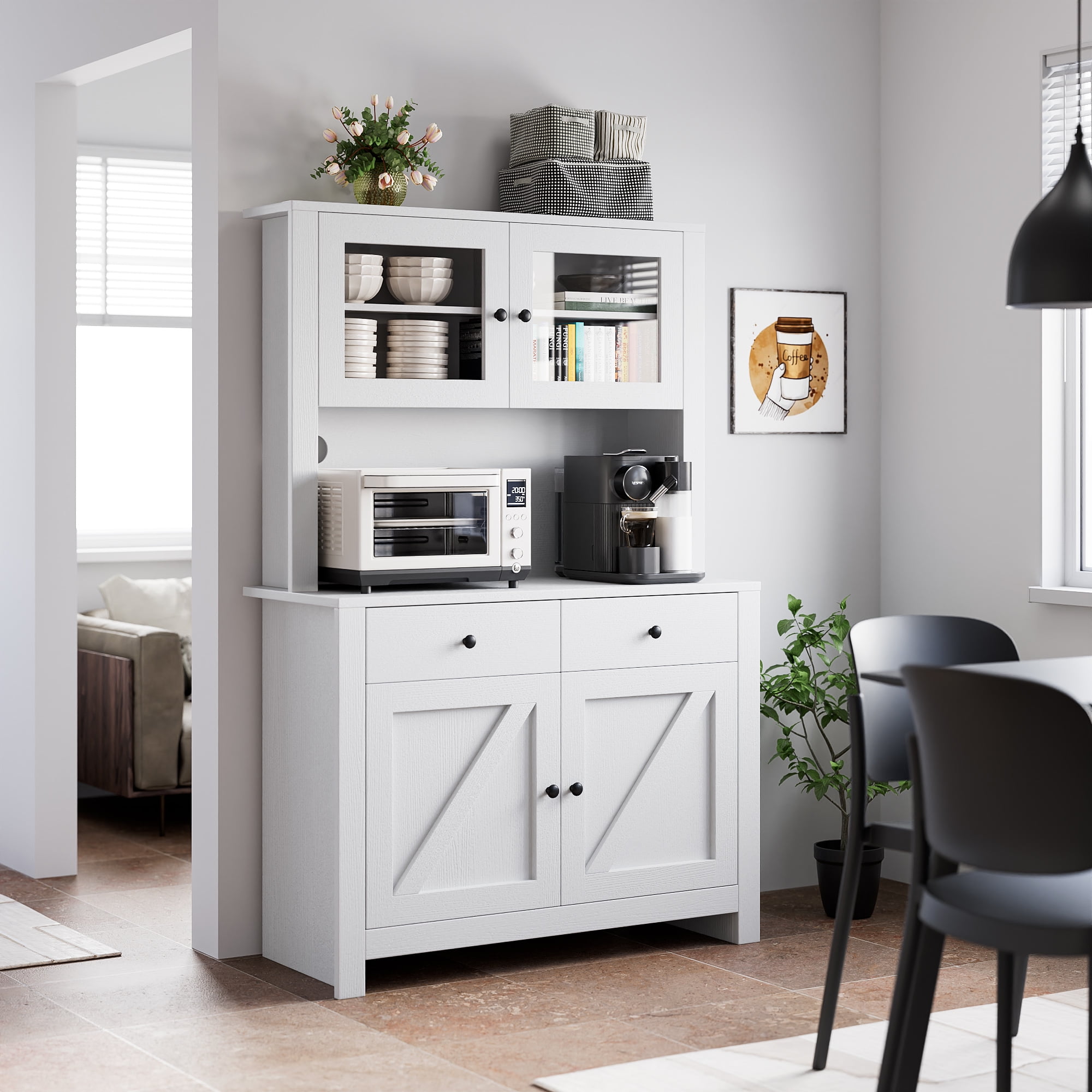 63.4"H Kitchen Pantry Cabinet with Microwave Stand, Freestanding Hutch with Drawers, Doors & Adjustable Shelves, Buffet Cabinet with Storage, Food Pantry for Kitchen, Dining Room