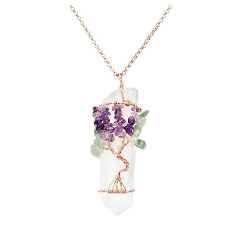 Top Plaza Chakra Gemstone Tree of Life Wire Wrapped Natural Clear Quartz Healing Crystal Point Pendant Necklace Amethyst + Green Aventurine