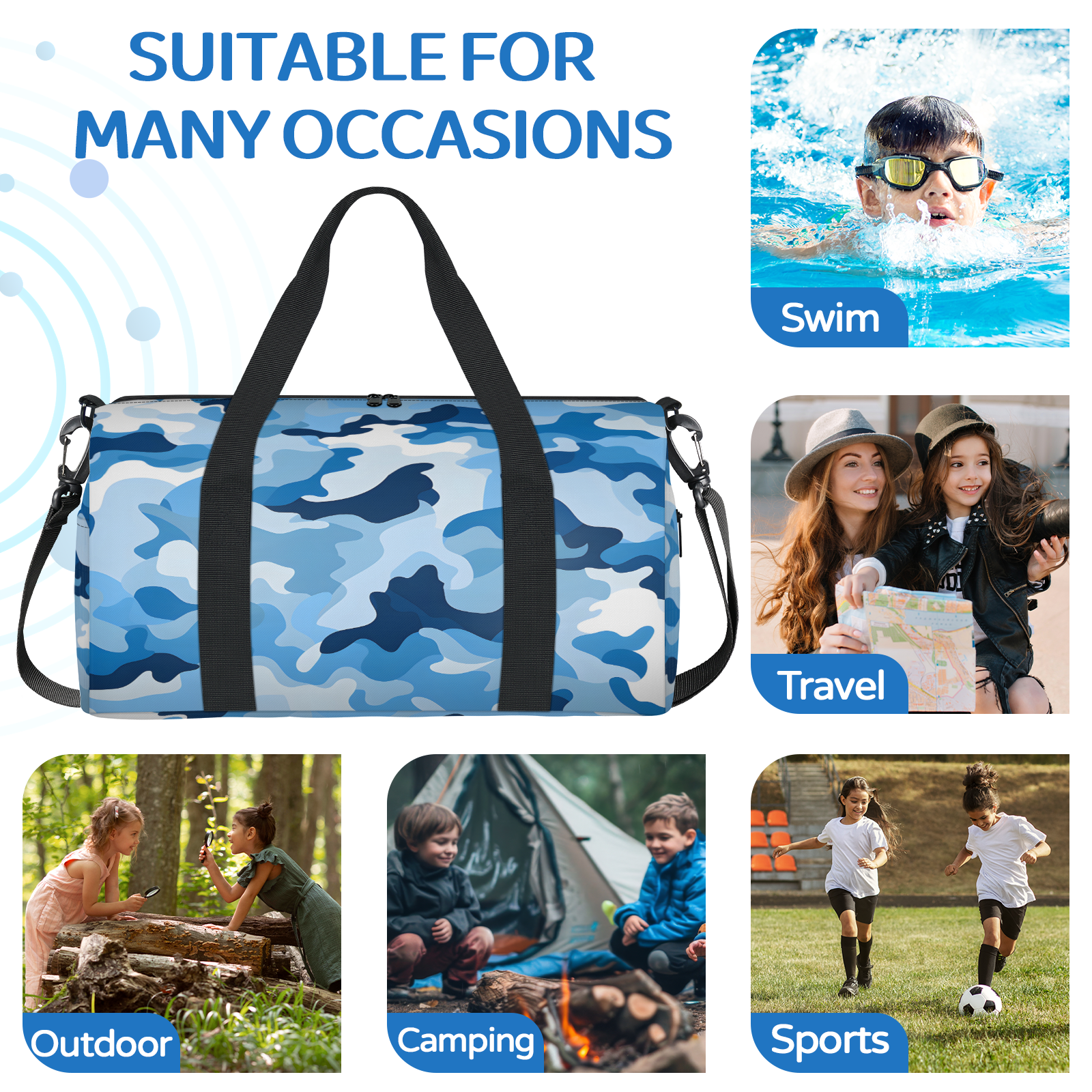 Herdesigns Blue Gym Bag for Women, Duffle Bag for Travel Sport, Camo Lightweight Waterproof Carry on Weekender Dance Yoga Workout Bags