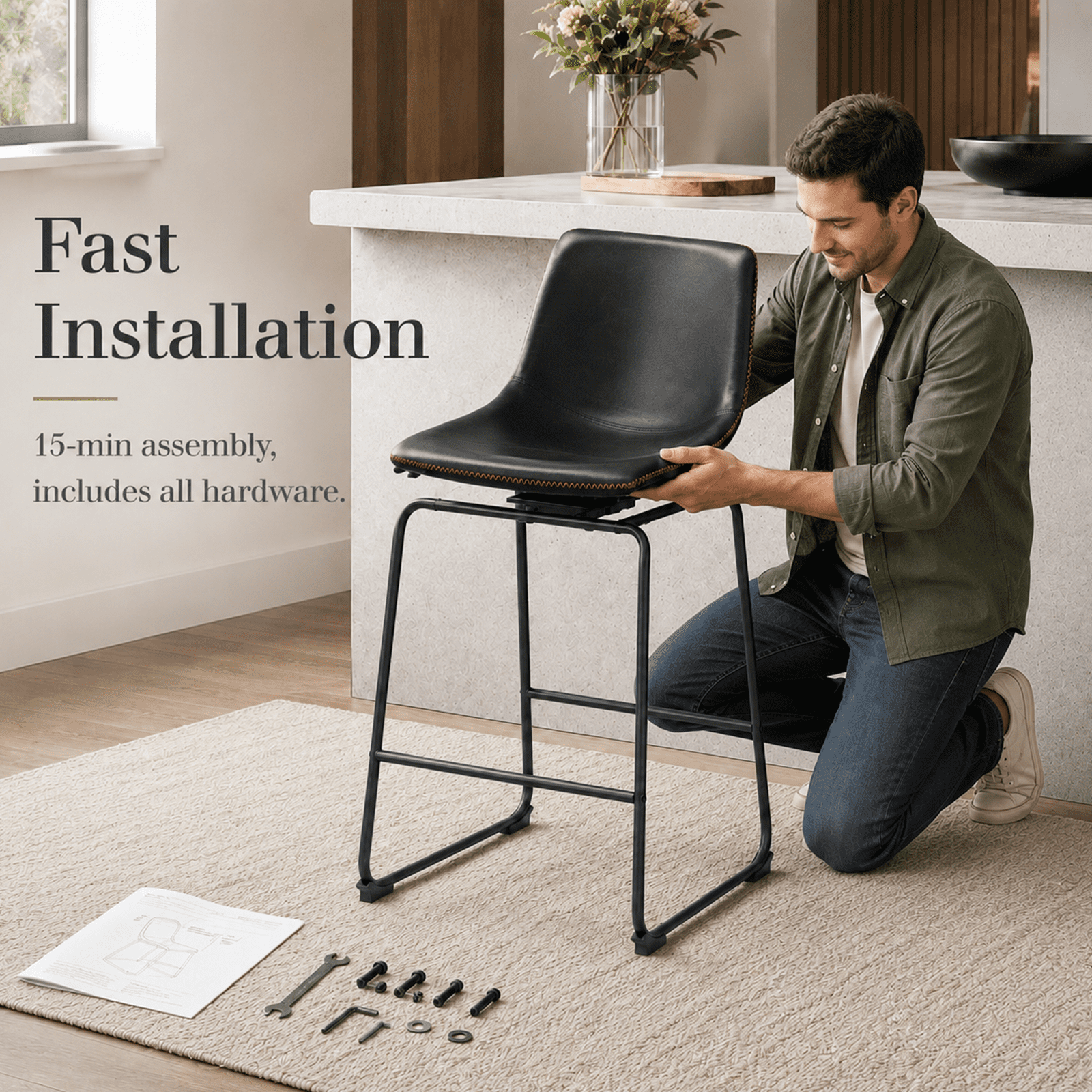 Alvantor 18"/30" Bar Stools Set of 2, Counter Height Bar Stools with Back, Modern PU Leather Stools with Metal Leg and Footrest, Bar Chairs for Kitchen lsland