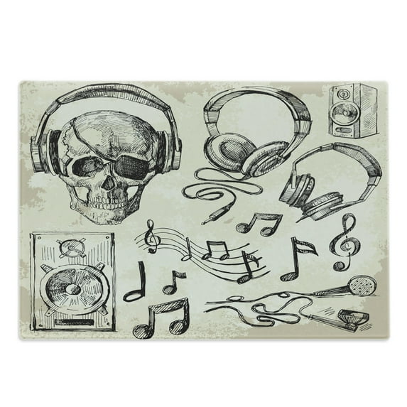 Music Cutting Board, Sketchy Background Hipster Skull Headphones Record Player Mic Speakers Print, Decorative Tempered Glass Cutting and Serving Board, Large Size, Beige Black, by Ambesonne