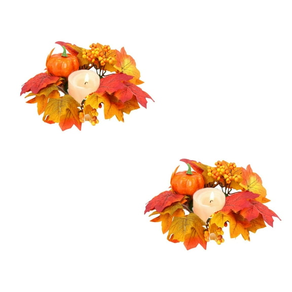 2PCS Fall Maple Leaf Candle Rings Wreaths Decor, Small Autumn Wreath for Candlestick Decorative Garland with Berries Pumpkin for Thanksgiving Halloween Table Decor Centerpieces Fall Decorations