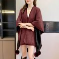 thumbnail image 5 of Zpanxa Winter Coats for Women Poncho Cape with Pom-pom Trim Casual Warm Wrap Wine Free Size, 5 of 5