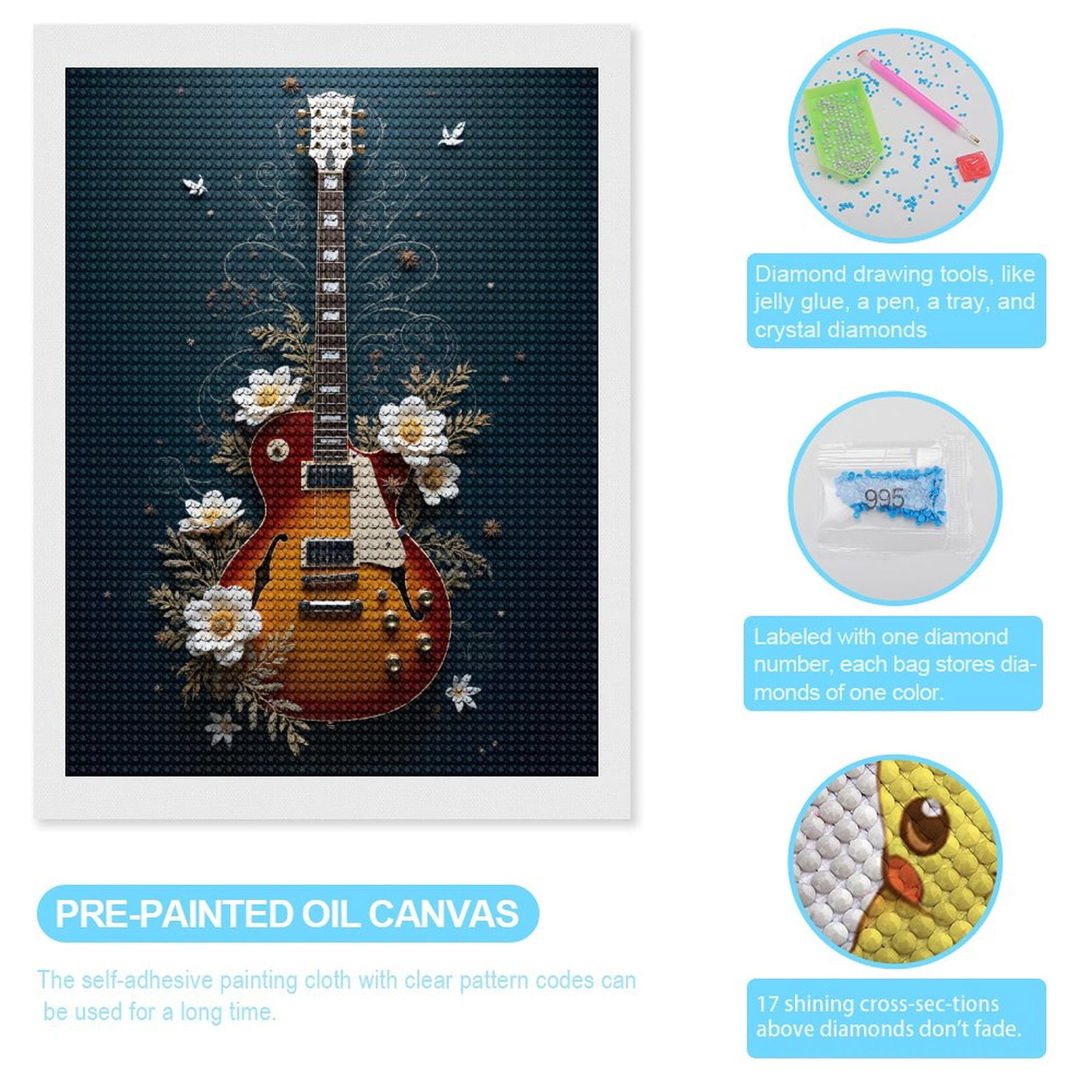 Diamond Art Kits for Adults, Guitar Floral Design Art Deco 5D Diamond Painting Kits for Adults Beginners, DIY Full Drill Diamond Painting, Gem Art and Crafts 12x16