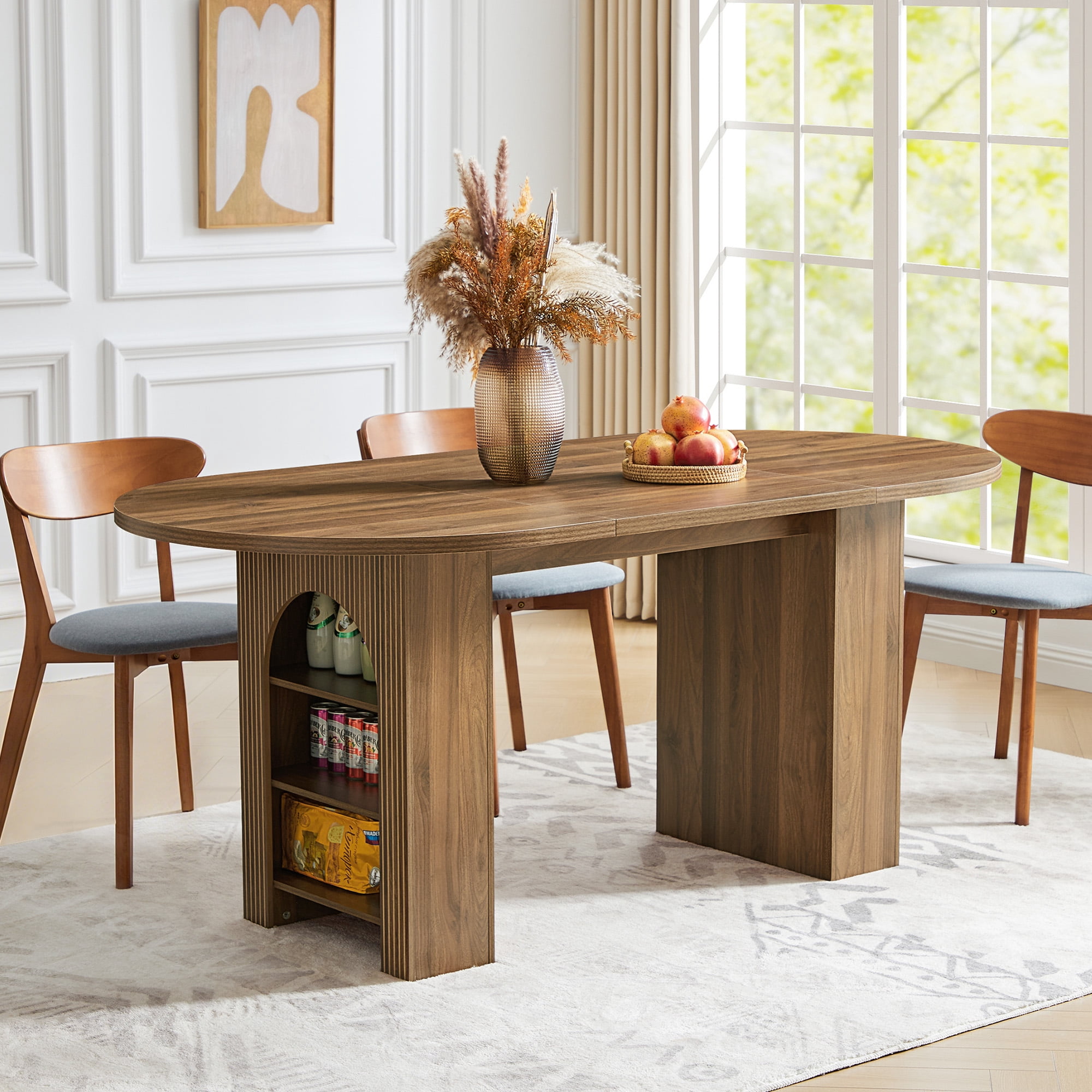 PHOYAL Walnut Oval Dining Table for 4-6 People, Large Dining Table with Arched Storage Pedestal and Carved Line, Farmhouse Double Pedestal Kitchen Table, 70.86"L, 35.43"W