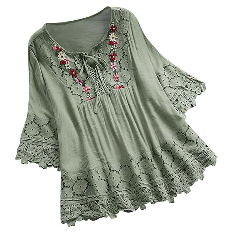 Womens Lace Crochet Eyelet Tops Flowy Short Sleeve Plus Size Casual 3/4  Bell Sleeve T Shirts Blouses