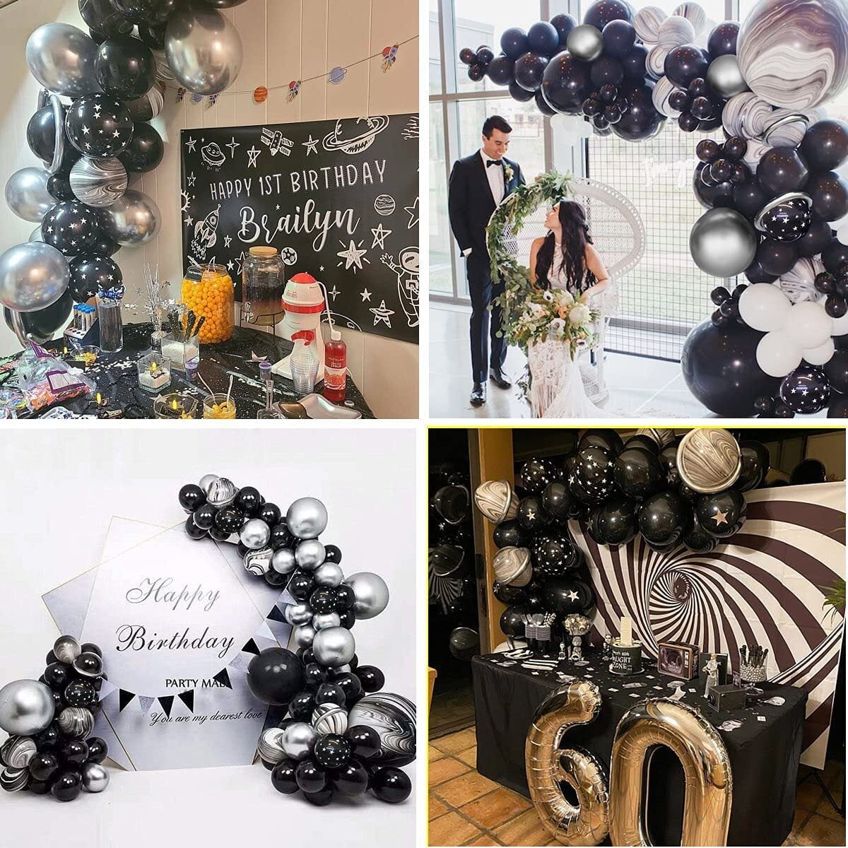 YANSION Black and Silver Balloons Garland Arch Kit Black Silver Agate  Marble Balloons Decorations for Parties Wedding Baby Shower Graduation 