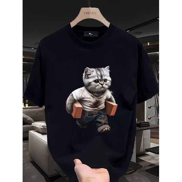 Camiseta de algodón para hombre con estampado de gato y ladrillo - Cuello redondo informal y manga corta para verano - Lavable a máquina