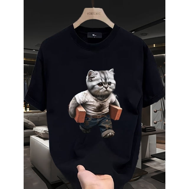 Men's Cotton T-Shirt with Fun Cat & Brick Print - Casual Crew Neck, Short Sleeve Tee for Summer - Machine Washable