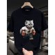 thumbnail image 1 of Camiseta de algodón para hombre con estampado de gato y ladrillo - Cuello redondo informal y manga corta para verano - Lavable a máquina, 1 of 6
