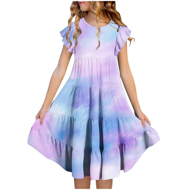 yoeyez Robes pour Enfants Filles 4-16 Fête Enfants Manches Volantées Robe Maxi à Volants Imprimé Dégradé Col Ras du Cou Robes Soleil Robe de Fête d'Anniversaire pour Enfant Violet, 14 Ans