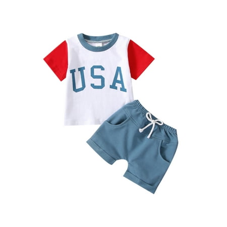 

Sunisery Independence Day 2Pcs Infant Baby Boys Clothes Set Letter Print Short Sleeve T-Shirt + Shorts with Pockets Blue 6-12 Months