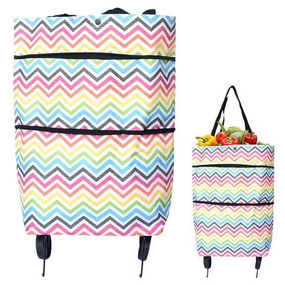 FURNIX Stripe Foldable Rolling Utility Cart with Telescopic Handle,Expandable Collapsible Wheeled Grocery Bag for Supermarket Travel Shopping and Storage