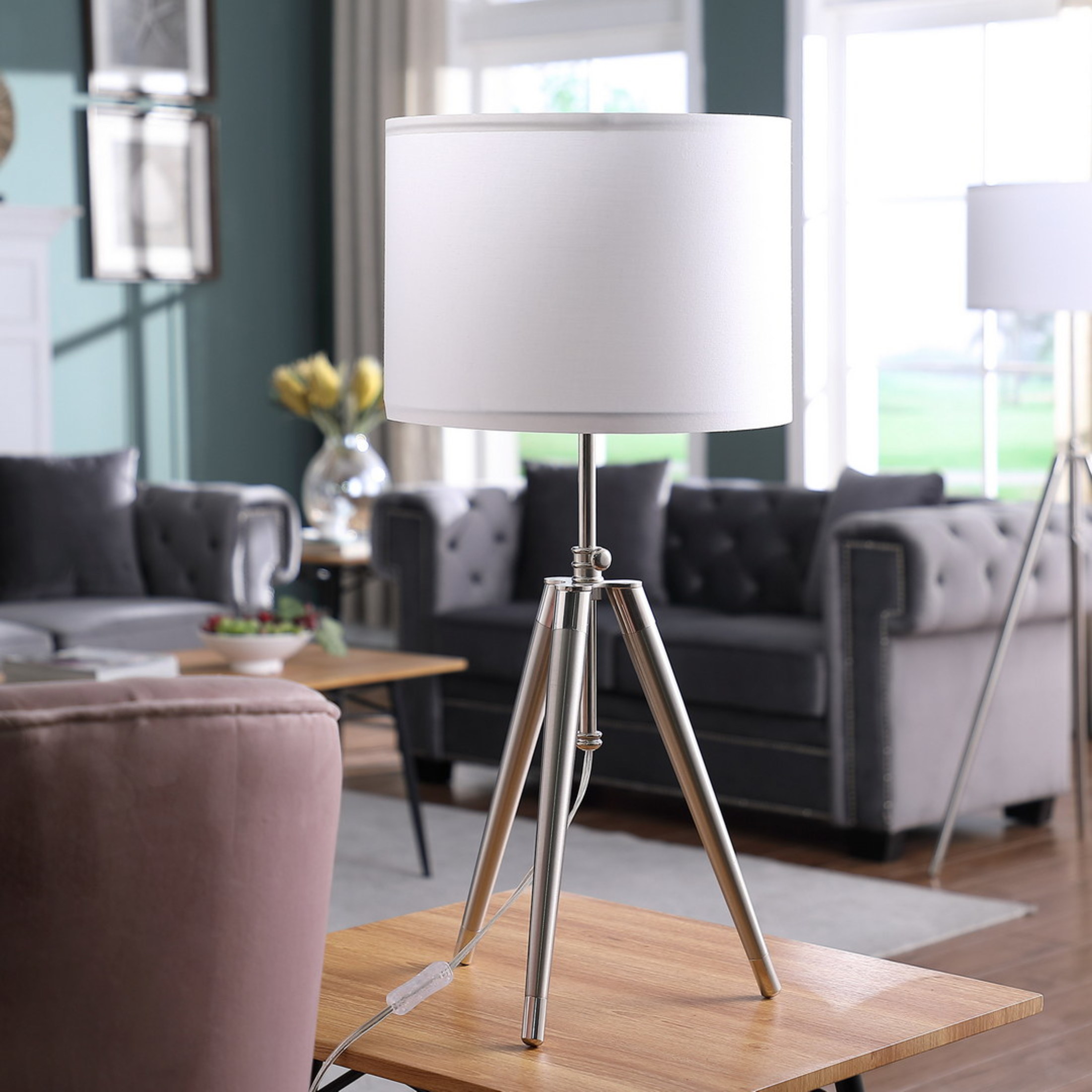 Noble House 34.25" Adjustable Tripod Table Lamp, Mid-Century Brushed & Chrome with Drum Shade, Silver