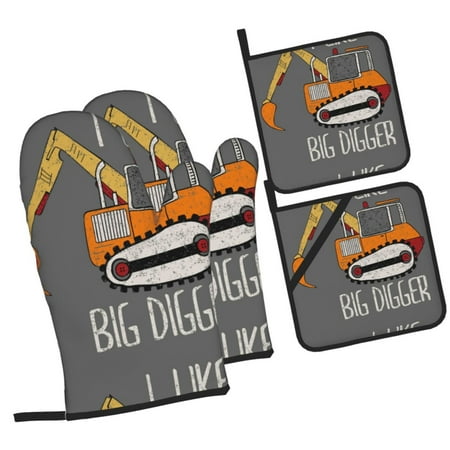 

Haiem I Like Big Digger Print Extra Long Oven Mitts and Pot Holders 4pc Sets: Heat Resistant Silicone Oven Mittens with Mini Oven Gloves and Hot Pads Potholders