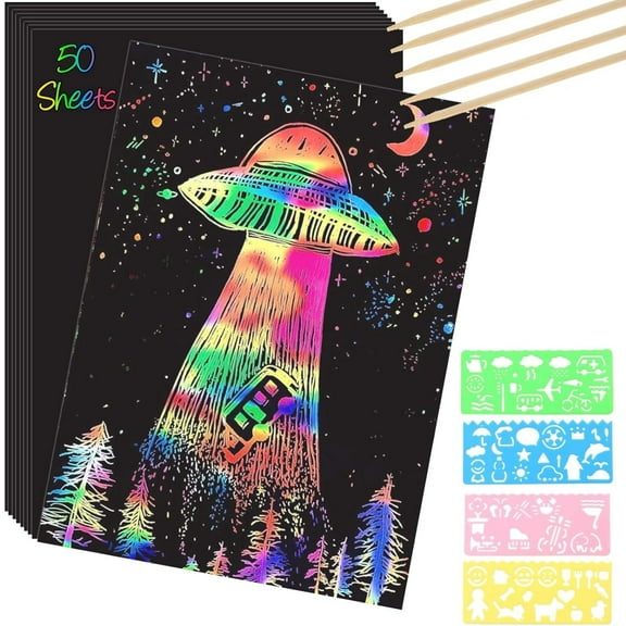 Topboutique Scratch Paper Art Crafts Set, 50 Sheets Rainbow Scratch Paper Art,Black Scratch Off Art Crafts Kit with 5 Wooden Stylus and 4 Drawing Rulers,Ideal for Birthday and Christmas Gifts