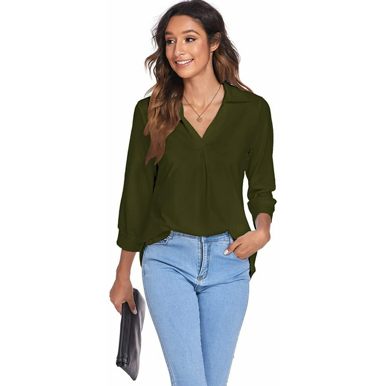 Canrulo Womens 3/4 Sleeve T-Shirt Summer Tunic Tops V Neck Solid Color  Casual Loose Blouses Shirts Green XL 