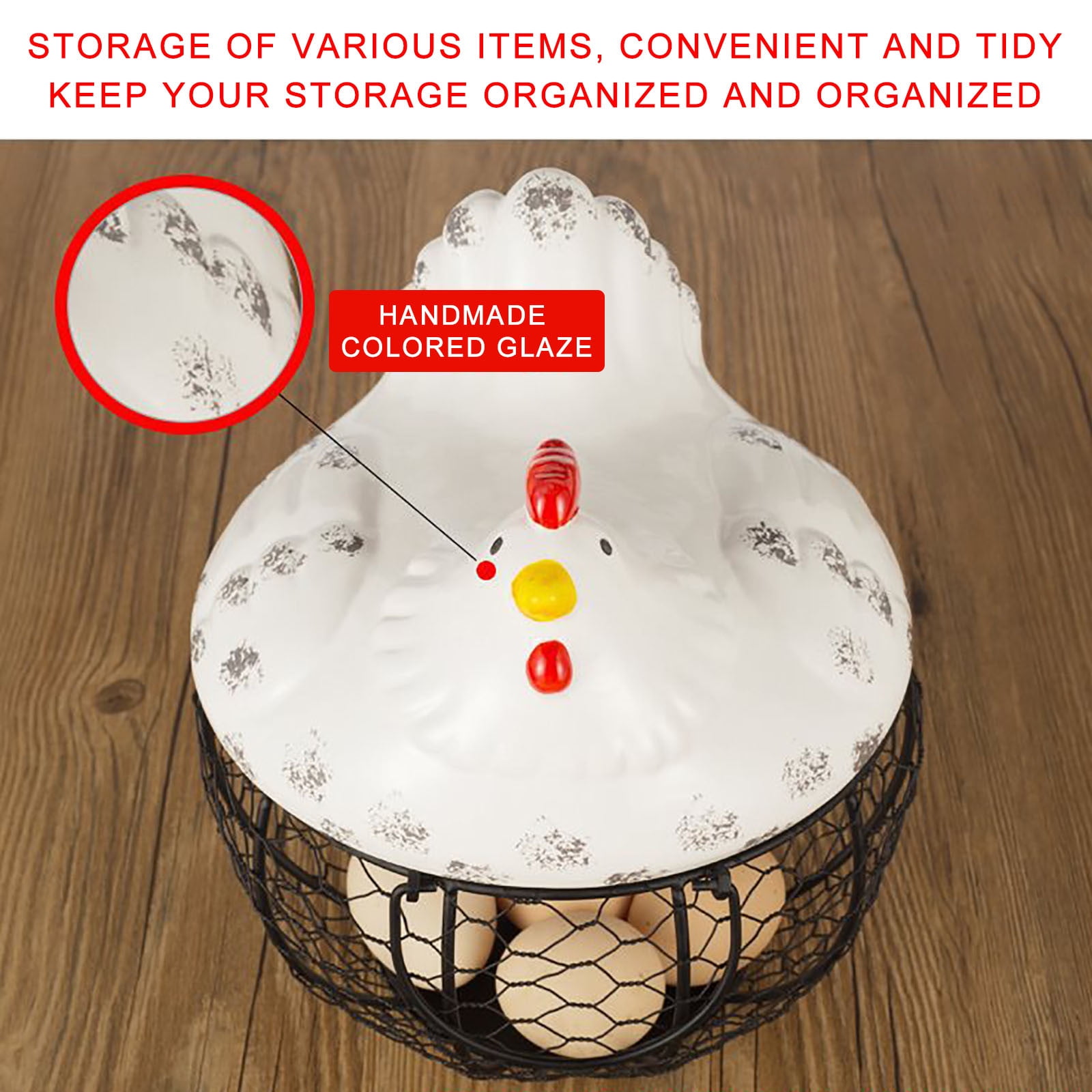 Hen-Shaped Iron Egg Basket, Chicken Egg Holder, Farmhouse Style Storage Container, Hollowed-Out Basket for Potatoes, Garlic, Kitchen Countertop Organizer, Decorative Egg Tray, HAODEJW