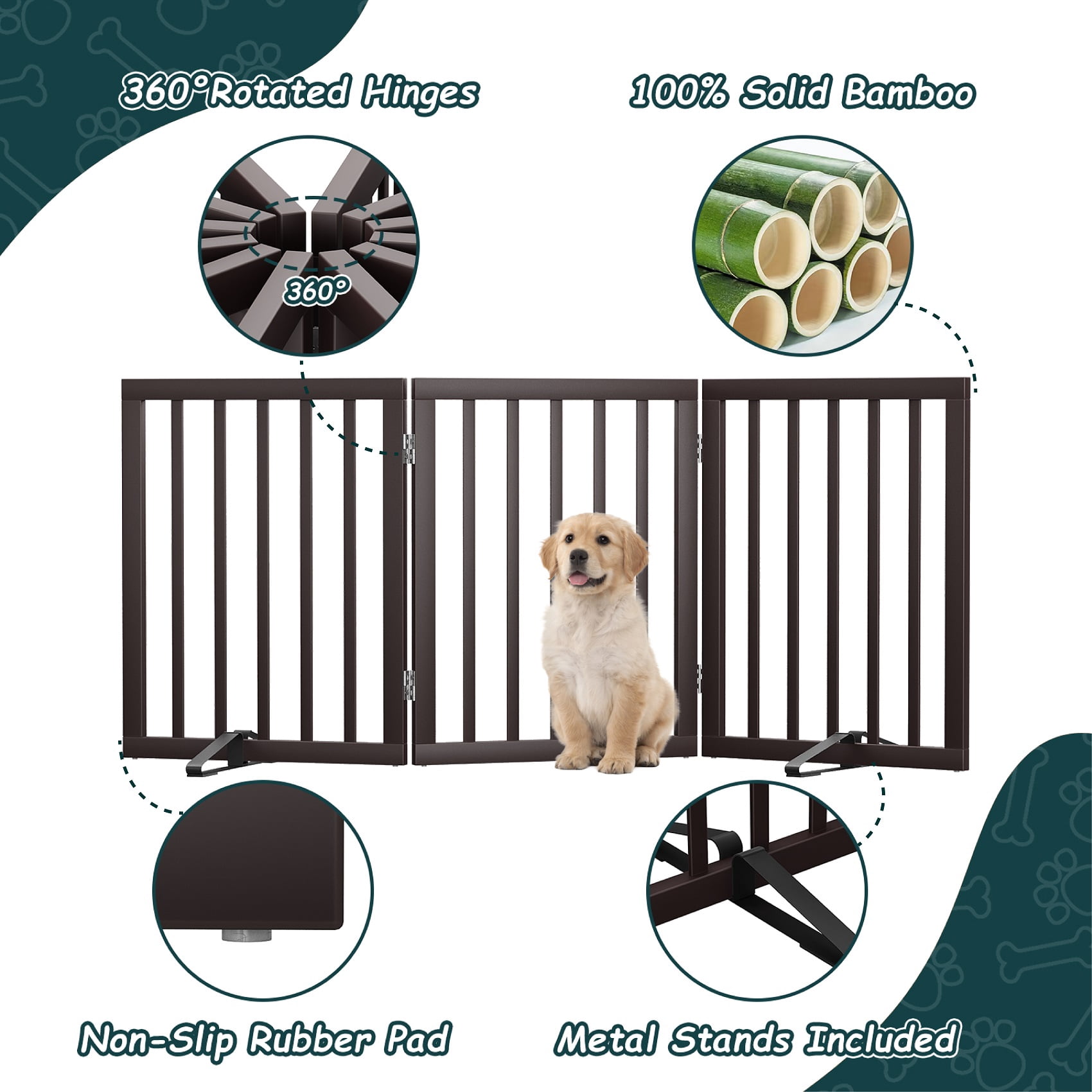Algherohein Dog Gate for Inside,Bamboo Freestanding Pet Gate for Doorways,24" Brown