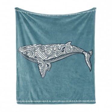 Nautical Soft Flannel Fleece Throw Blanket, Whale Lettering Totem and Antique Paisley Pattern, Cozy Plush for Indoor and Outdoor Use, 60" x 80", Slate Blue and White, by Ambesonne