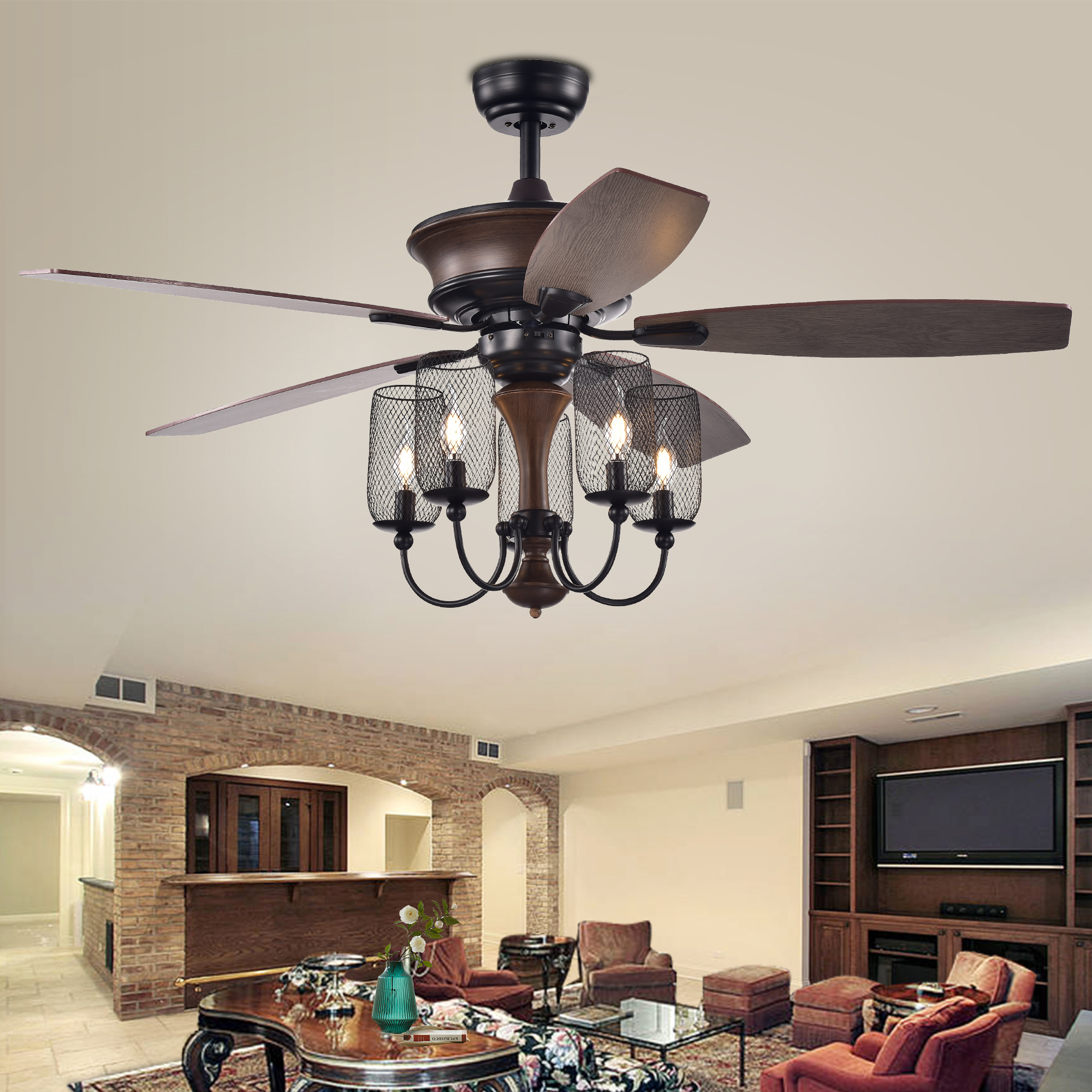 Slatin 52-inch 5-light Lighted Ceiling Fan with Mesh Shade Candelabra Chandelier Remote Controlled Sansujyuku sansujyuku.com