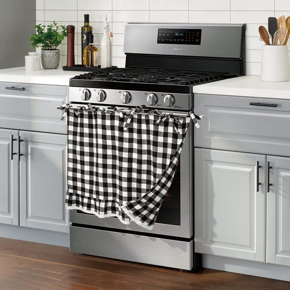Checkered Oven Skirt Curtain with Lace Trim and 8 Ribbon Tie Polyester Cotton Tie Top Kitchen Dishwasher Hidden Curtain Machine Washable for Farmhouse Kitchen Decor,30.63*22.83in