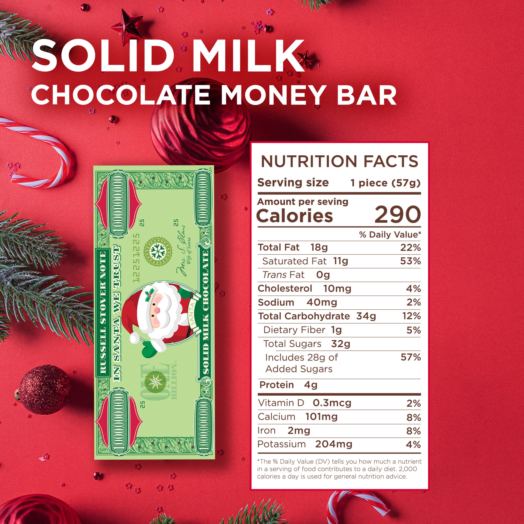 RUSSELL STOVER Christmas Santa Solid Milk Chocolate Money Bar, 2 oz.